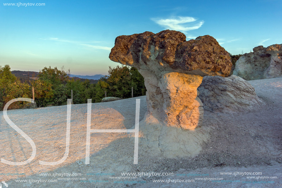 Amazing Sunrise at a rock formation The Stone Mushrooms near Beli plast village, Kardzhali Region, Bulgaria
