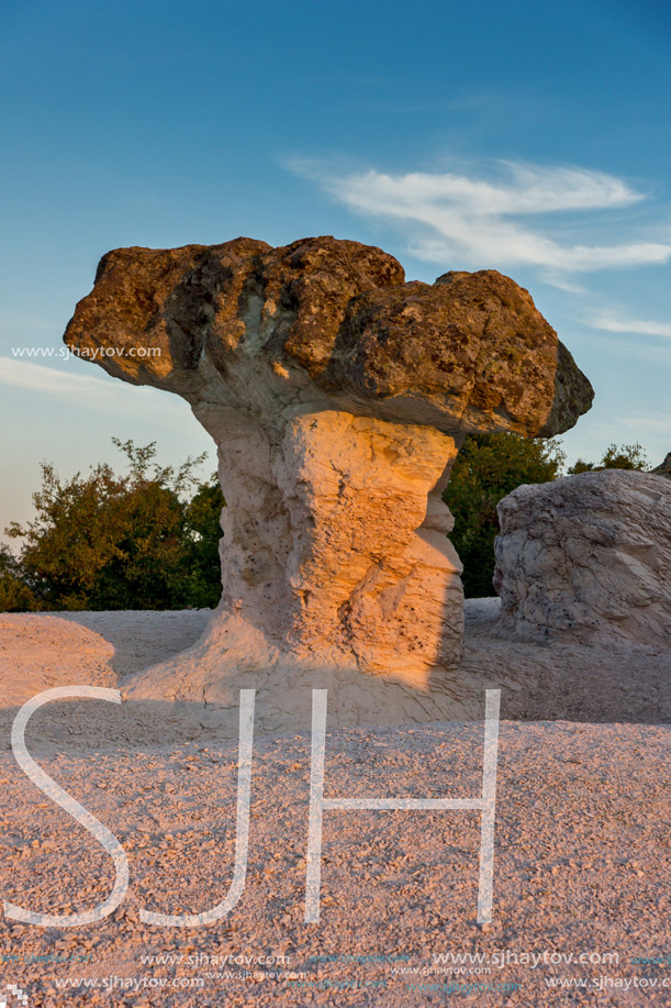 Sunrise view of rock formation The Stone Mushrooms near Beli plast village, Kardzhali Region, Bulgaria