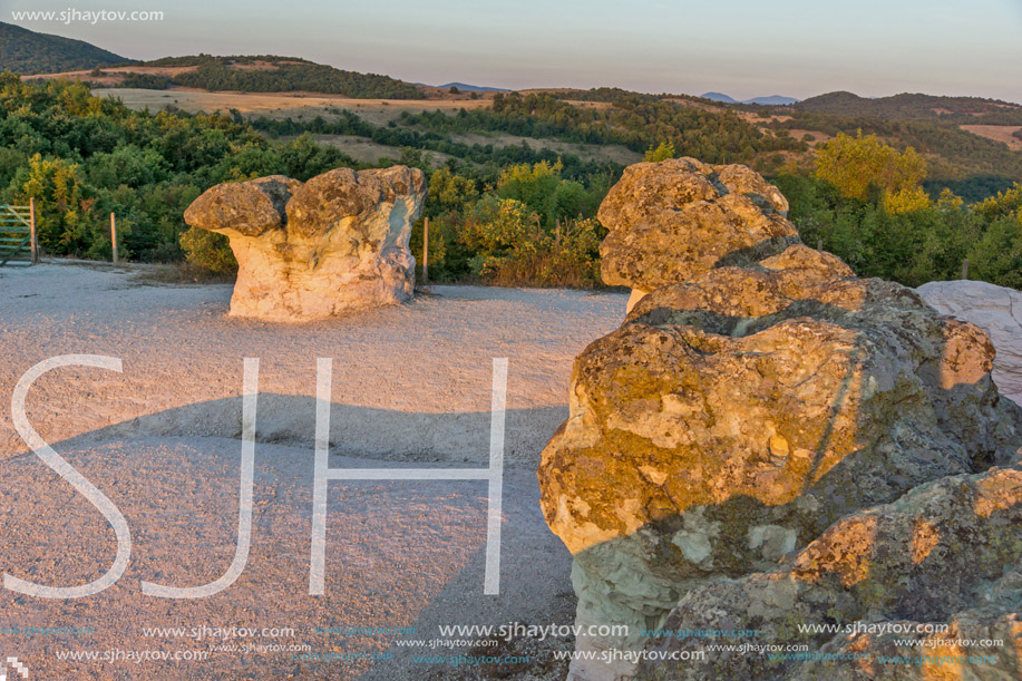 Sunrise view of rock formation The Stone Mushrooms, Kardzhali Region, Bulgaria