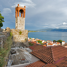 Sunset view of Clock tower in Nafpaktos town, Western Greece