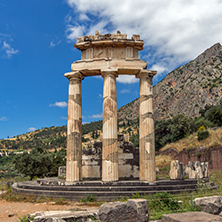 Amazing view Athena Pronaia Sanctuary at Ancient Greek archaeological site of Delphi, Central Greece