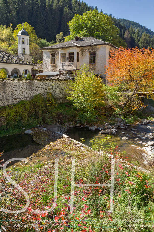 Church of the Assumption, river and Autumn tree in town of Shiroka Laka, Smolyan Region, Bulgaria