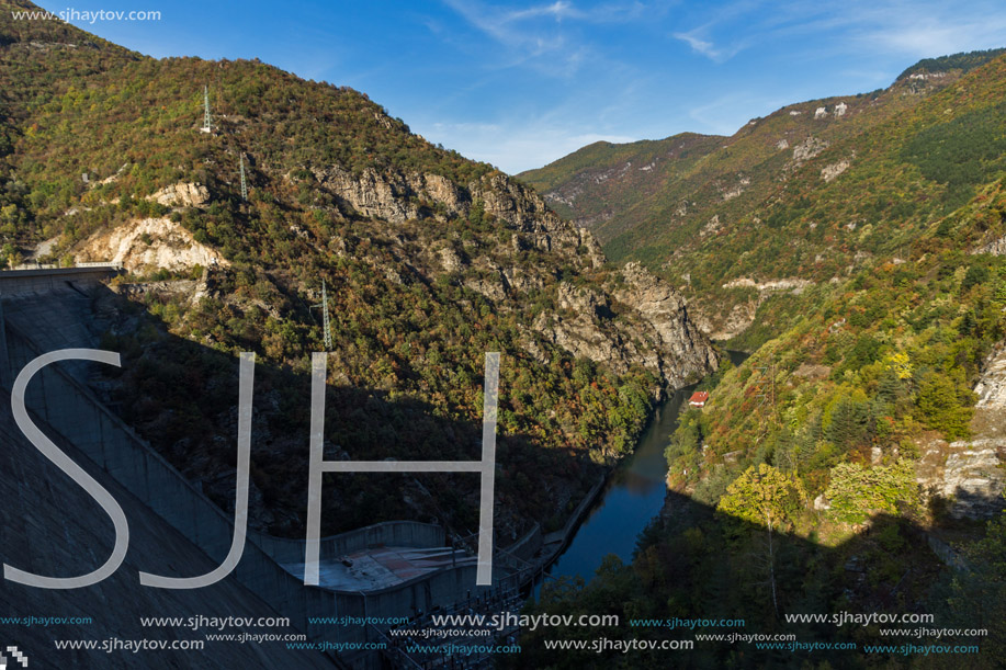 Autumn Panoramic view of Dam of the Vacha (Antonivanovtsy) Reservoir, Rhodopes Mountain, Bulgaria