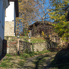 Autumn trees and Cobblestone street in village of Bozhentsi, Gabrovo region, Bulgaria