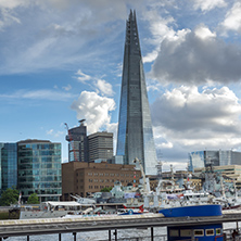 LONDON, ENGLAND - JUNE 15 2016: View of The Shard skyscraper from Thames river, England, Great Britain