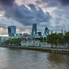 LONDON, ENGLAND - JUNE 15 2016: Night Skyline of London From Tower Bridge, England, United Kingdom