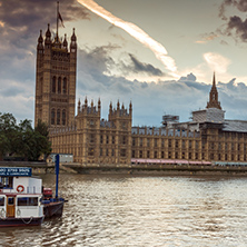 LONDON, ENGLAND - JUNE 16 2016: Sunset view of Houses of Parliament, Westminster palace, London, England, Great Britain