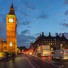 LONDON, ENGLAND - JUNE 16 2016: Night photo of Houses of Parliament with Big Ben from Westminster bridge, London, England, Great Brita