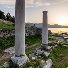 Amazing sunset with columns on Evraiokastro Archaeological Site, Thassos town, East Macedonia and Thrace, Greece