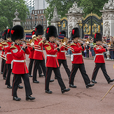LONDON, ENGLAND - JUNE 17 2016: British Royal guards perform the Changing of the Guard in Buckingham Palace, London, England, Great Britain
