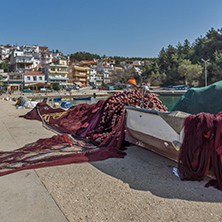 Fishing nets and Boat at the port of Limenaria, Thassos island, East Macedonia and Thrace, Greece