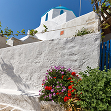White chuch with blue roof and Flowers in town of Parakia, Paros island, Cyclades, Greece