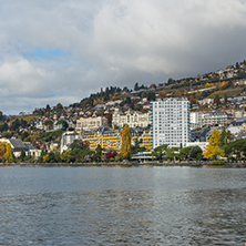 MONTREUX, SWITZERLAND - 29 OCTOBER 2015 : Embankment of  Montreux and Alps, canton of Vaud, Switzerland