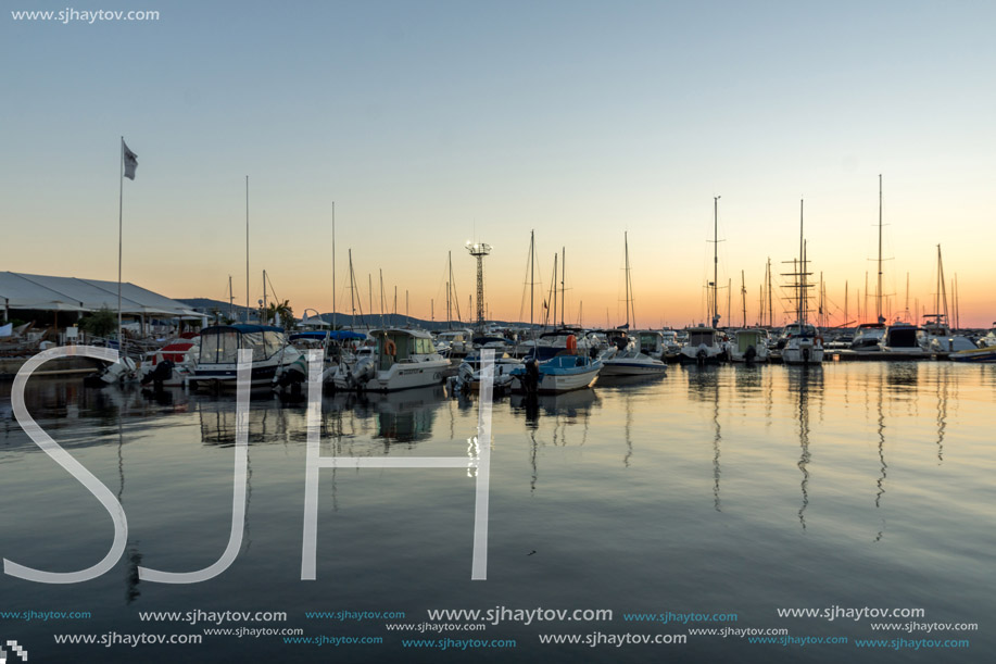 SOZOPOL, BULGARIA - JULY 11, 2016: Sunset at the port of Sozopol, Burgas Region, Bulgaria