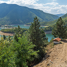 Green forest around Meander of Vacha (Antonivanovtsy) Reservoir, Rhodopes Mountain, Bulgaria