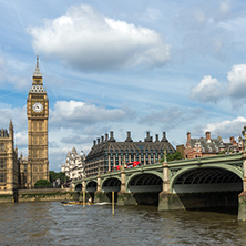 LONDON, ENGLAND - JUNE 19 2016: Cityscape of Westminster Palace and Thames River, London, England, United Kingdom