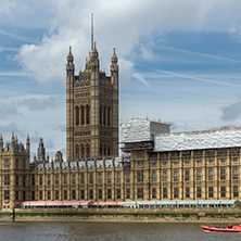 LONDON, ENGLAND - JUNE 19 2016: Cityscape of Westminster Palace and Thames River, London, England, United Kingdom