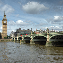 LONDON, ENGLAND - JUNE 19 2016: Cityscape of Westminster Palace and Thames River, London, England, United Kingdom