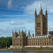 LONDON, ENGLAND - JUNE 19 2016: Cityscape of Westminster Palace and Thames River, London, England, United Kingdom