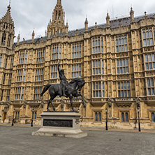 LONDON, ENGLAND - JUNE 19 2016: Richard I monument in front of Houses of Parliament, London, England, United Kingdom