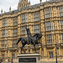LONDON, ENGLAND - JUNE 19 2016: Richard I monument in front of Houses of Parliament, London, England, United Kingdom