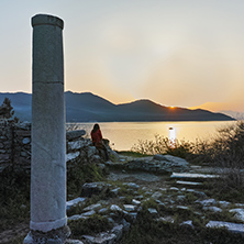 Ancient columns and sunset on Evraiokastro Archaeological Site, Thassos town, East Macedonia and Thrace, Greece