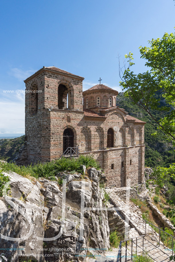 Panorama of Church of the Holy Mother of God in Asen"s Fortress and Rhodopes mountain, Asenovgrad, Plovdiv Region, Bulgaria