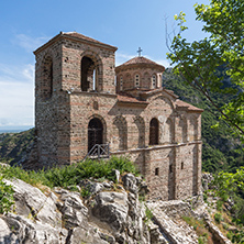 Panorama of Church of the Holy Mother of God in Asen"s Fortress and Rhodopes mountain, Asenovgrad, Plovdiv Region, Bulgaria