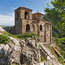 Panorama of Church of the Holy Mother of God in Asen"s Fortress and Rhodopes mountain, Asenovgrad, Plovdiv Region, Bulgaria