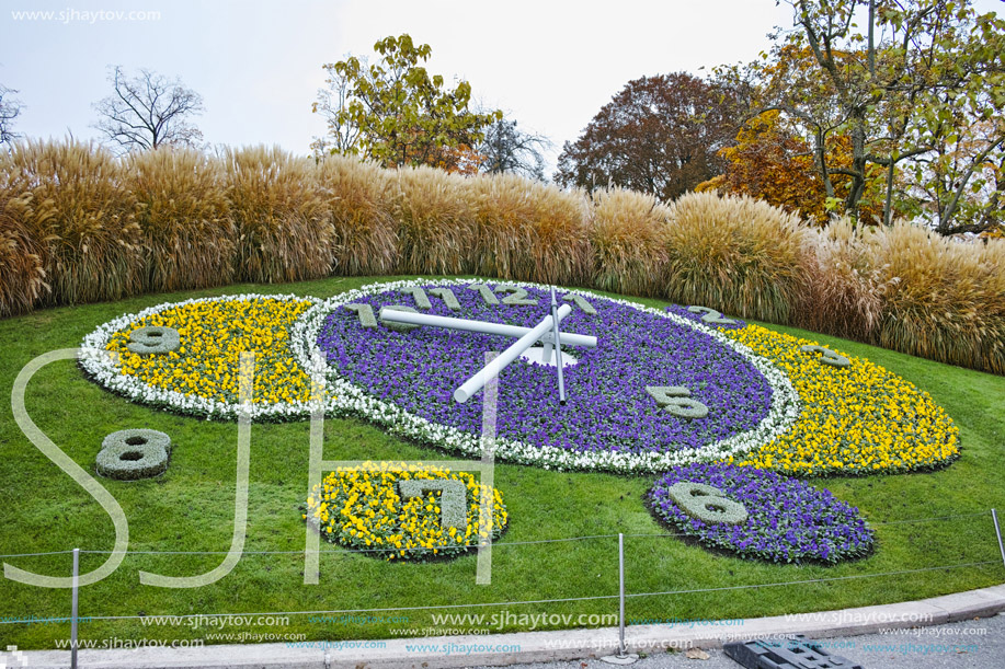 Amazing morning view of flower clock in City of Geneva,  Switzerland