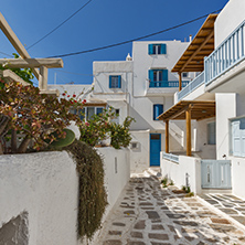 Street with white houses in town of Mykonos, Cyclades Islands, Greece