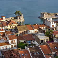 Amazing panorama with Fortification at the port of Nafpaktos town, Western Greece