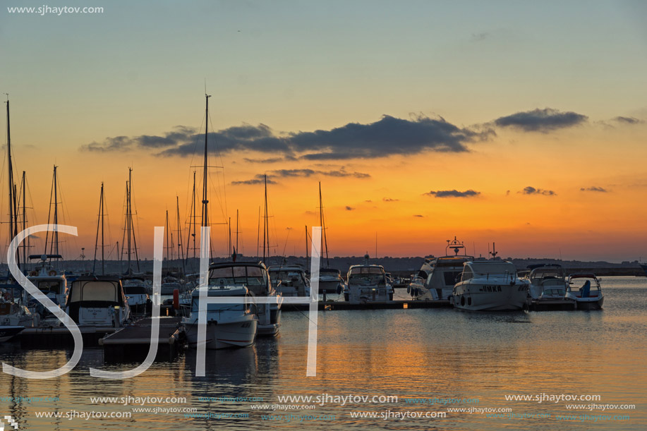 SOZOPOL, BULGARIA - JULY 13, 2016: Amazing Sunset at the port of Sozopol, Burgas Region, Bulgaria