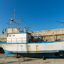 TSAREVO, BULGARIA - JULY 3, 2013:  Old boat at the port of town of Tsarevo, Burgas Region, Bulgaria