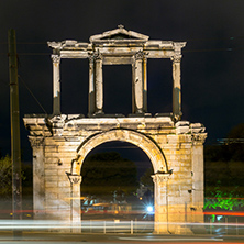 Night photo of Arch of Hadrian in Athens, Attica, Greece
