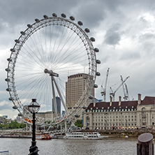 LONDON, ENGLAND - JUNE 16 2016: The London Eye and County Hall from Westminster bridge, London, England, Great Britain