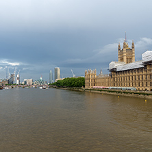 LONDON, ENGLAND - JUNE 16 2016: The London Eye and County Hall from Westminster bridge, London, England, Great Britain