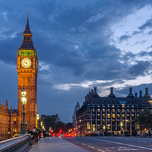 LONDON, ENGLAND - JUNE 16 2016: Night photo of Houses of Parliament with Big Ben from Westminster bridge, London, England, Great Britain