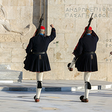 ATHENS, GREECE - JANUARY 19 2017:  Evzones - presidential ceremonial guards in the Tomb of the Unknown Soldier at the Greek Parliament, Athens, Greece