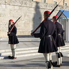 ATHENS, GREECE - JANUARY 19 2017:  Evzones - presidential ceremonial guards in the Tomb of the Unknown Soldier at the Greek Parliament, Athens, Greece
