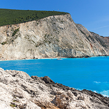 Amazing panorama of blue waters of Porto Katsiki Beach, Lefkada, Ionian Islands, Greece