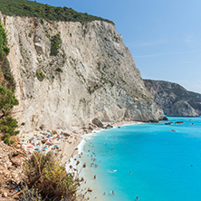 Amazing panorama of blue waters of Porto Katsiki Beach, Lefkada, Ionian Islands, Greece