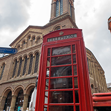 LONDON, ENGLAND - JUNE 17 2016: Westminster Chapel and phone booth, London, England, Great Britain