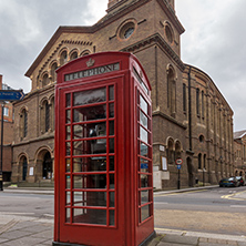 LONDON, ENGLAND - JUNE 17 2016: Westminster Chapel and phone booth, London, England, Great Britain