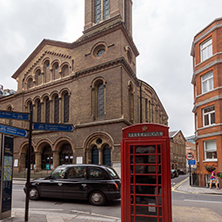 LONDON, ENGLAND - JUNE 17 2016: Westminster Chapel and phone booth, London, England, Great Britain