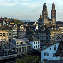 ZURICH, SWITZERLAND - OCTOBER 28, 2015: Reflection of City of Zurich in Limmat River, Switzerland