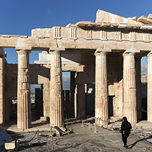 ATHENS, GREECE - JANUARY 20 2017:  Monumental gateway Propylaea in the Acropolis of Athens, Attica, Greece