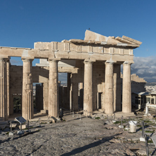 ATHENS, GREECE - JANUARY 20 2017:  Monumental gateway Propylaea in the Acropolis of Athens, Attica, Greece