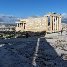 ATHENS, GREECE - JANUARY 20 2017:  Ancient Greek temple The Erechtheion on the north side of the Acropolis of Athens, Attica, Greece