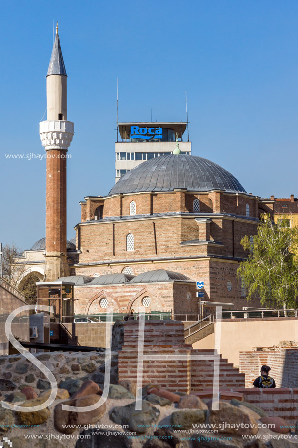 SOFIA, BULGARIA - APRIL 1, 2017: Banya Bashi Mosque and ruins of ancient Serdica in Sofia, Bulgaria